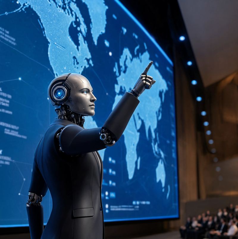 Presenter pointing at a global map on a large screen