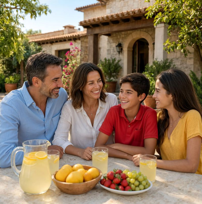 A family talking together at an outdoor table