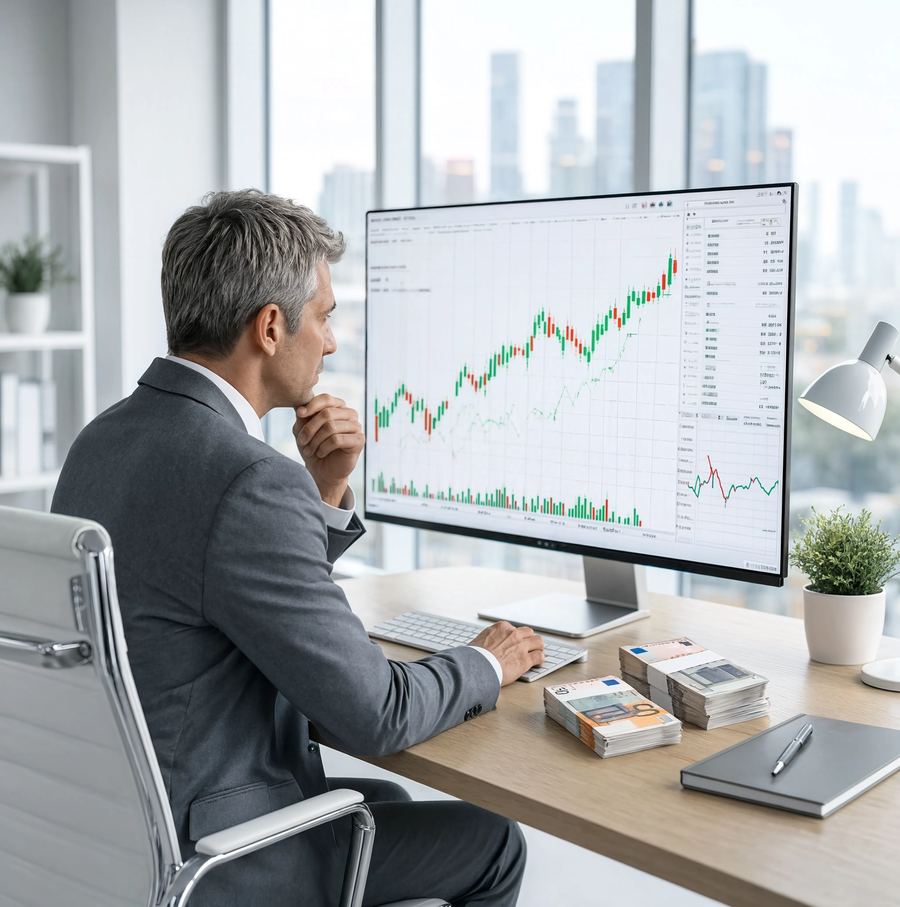 Advisor reviewing market charts in a bright office
