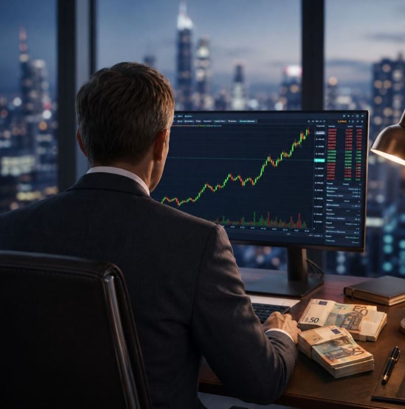 Investor watching a rising chart at night