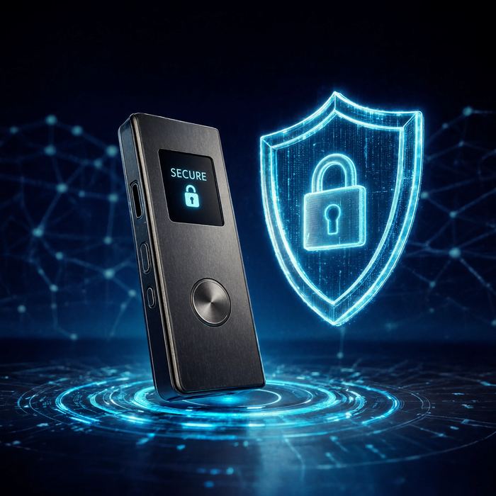 Secure device with a shield and lock symbol